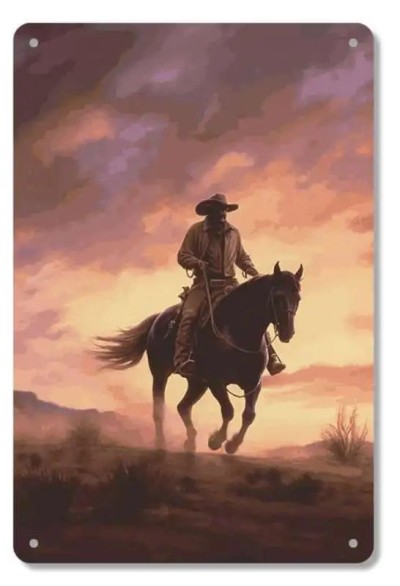 Метален уестърн постер / Каубой на залез