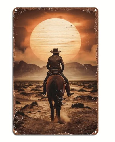Метален уестърн постер / Каубой към залеза