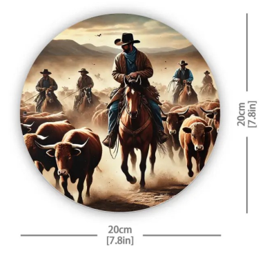 Метален, кръгъл уестърн постер / Каубои и стадо